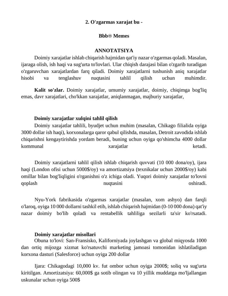 Doimiy xarajatlar xulqini tahlil qilish