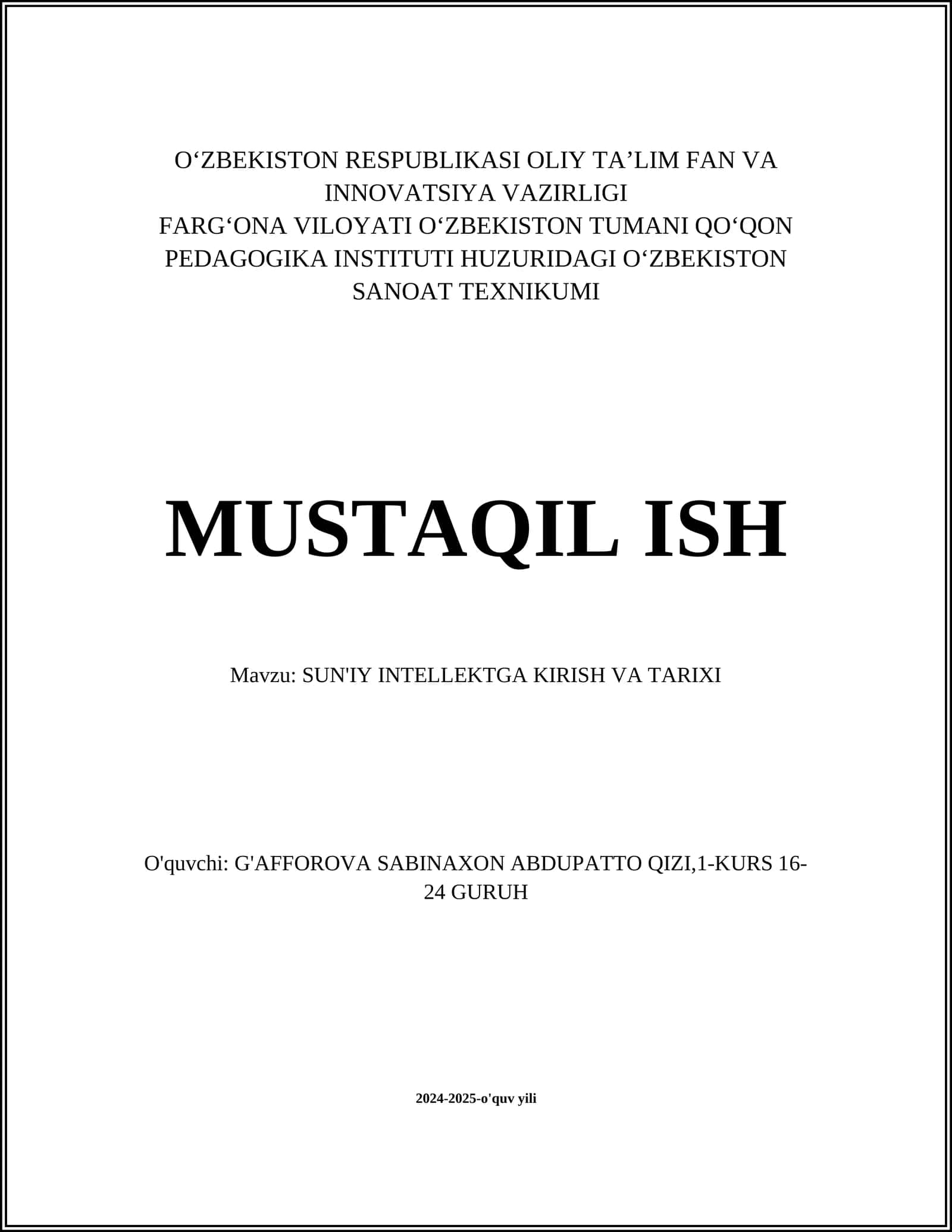 SUN'IY INTELLEKTGA KIRISH VA TARIXI