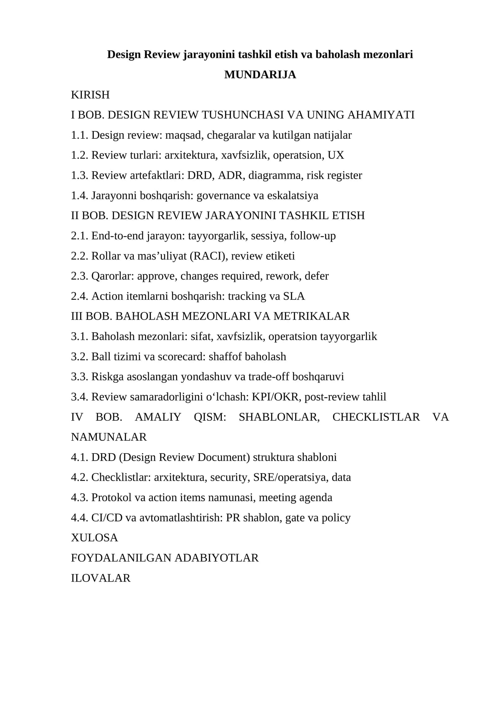 Design Review jarayonini tashkil etish va baholash mezonlari