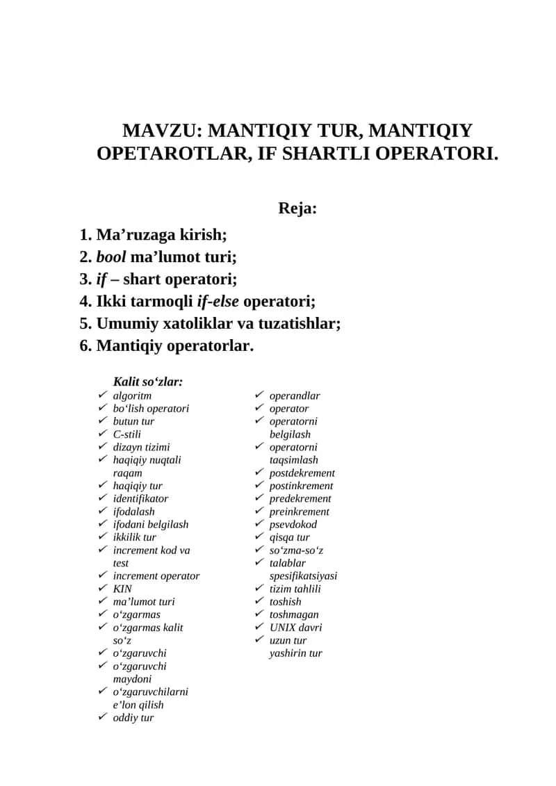 MANTIQIY TURLAR, MANTIQIY OPERATORLAR, IF SHARTLI OPERATORI