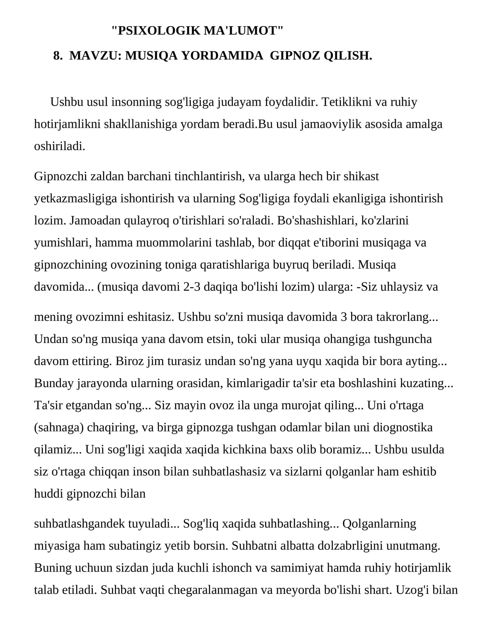 MUSIQA YORDAMIDA GIPNOZ QILISH