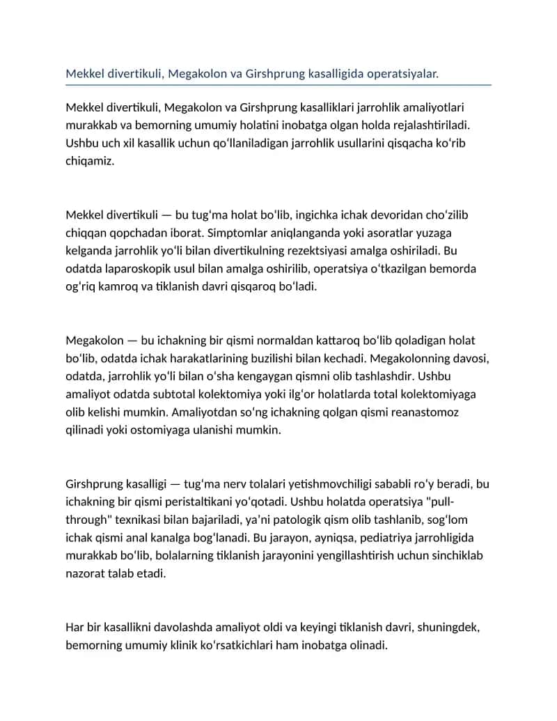Mekkel divertikuli, Megakolon va Girshprung kasalligida operatsiyalar