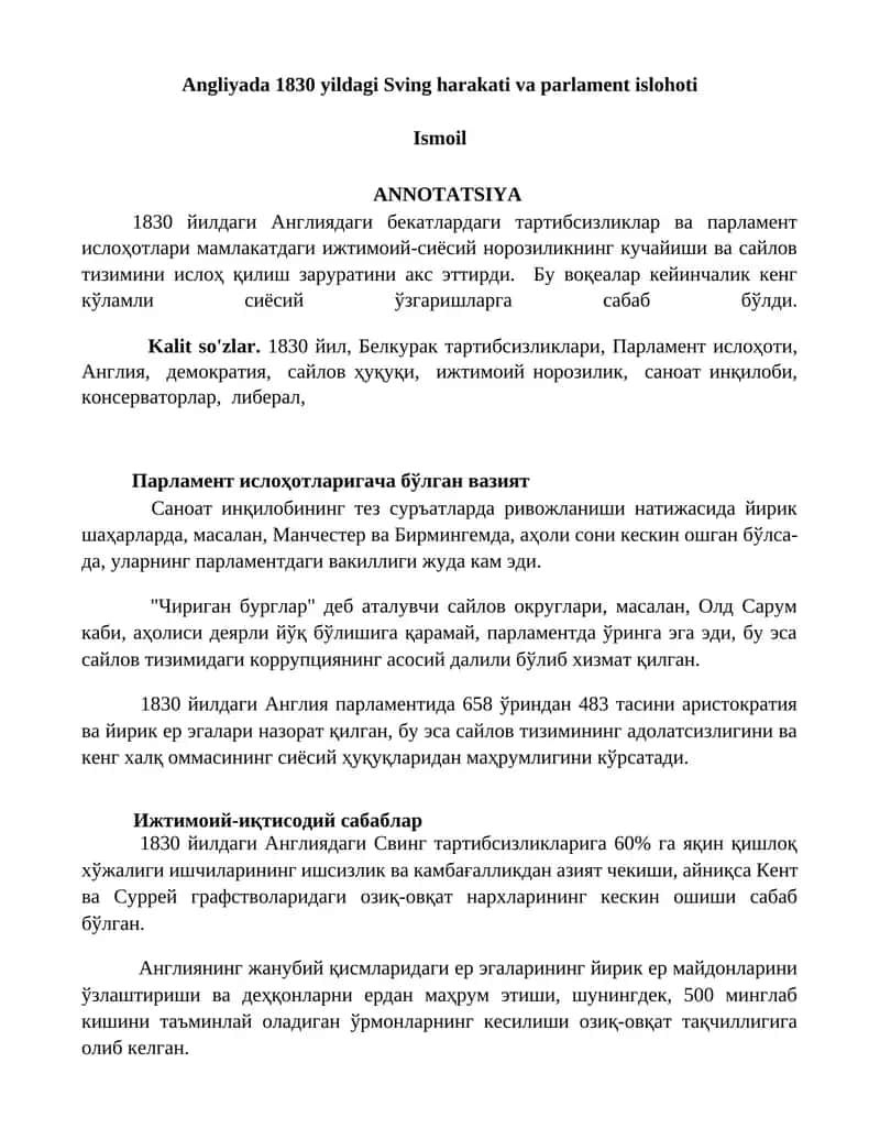 Angliyada 1830 yildagi Sving harakati va parlament islohoti