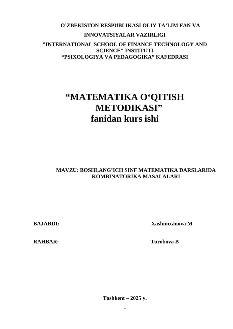 BOSHLANG’ICH SINF MATEMATIKA DARSLARIDA KOMBINATORIKA MASALALARI.