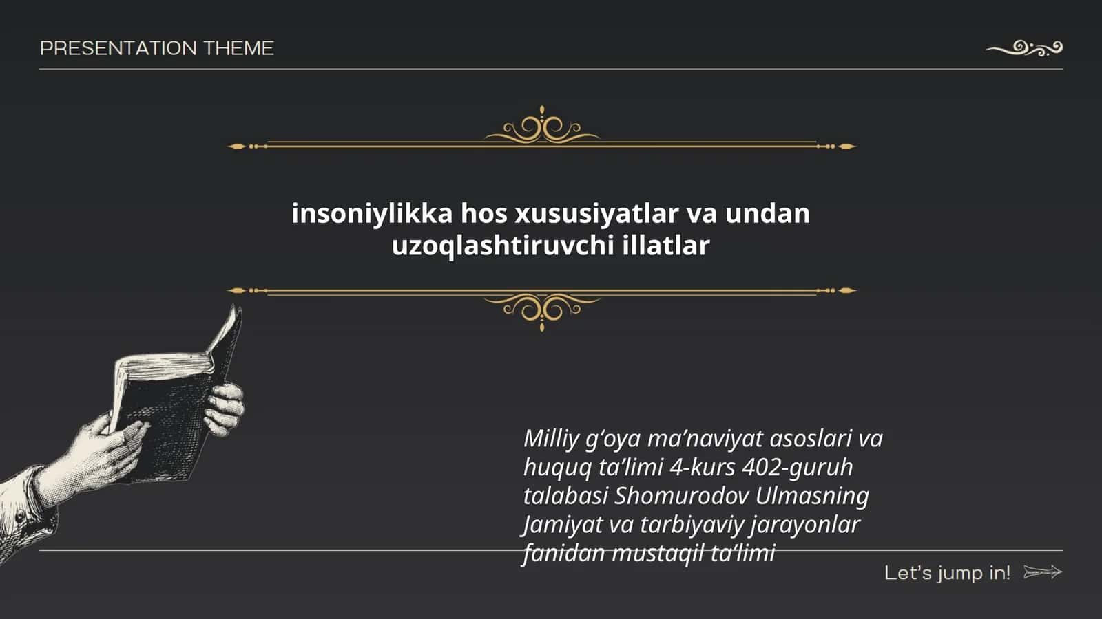 Milliy gʻoya maʼnaviyat asoslari va huquq taʼlimi 4-kurs 402-guruh talabasi Shomurodov Ulmasning Jamiyat va tarbiyaviy jarayonlar fanidan mustaqil taʼlimi