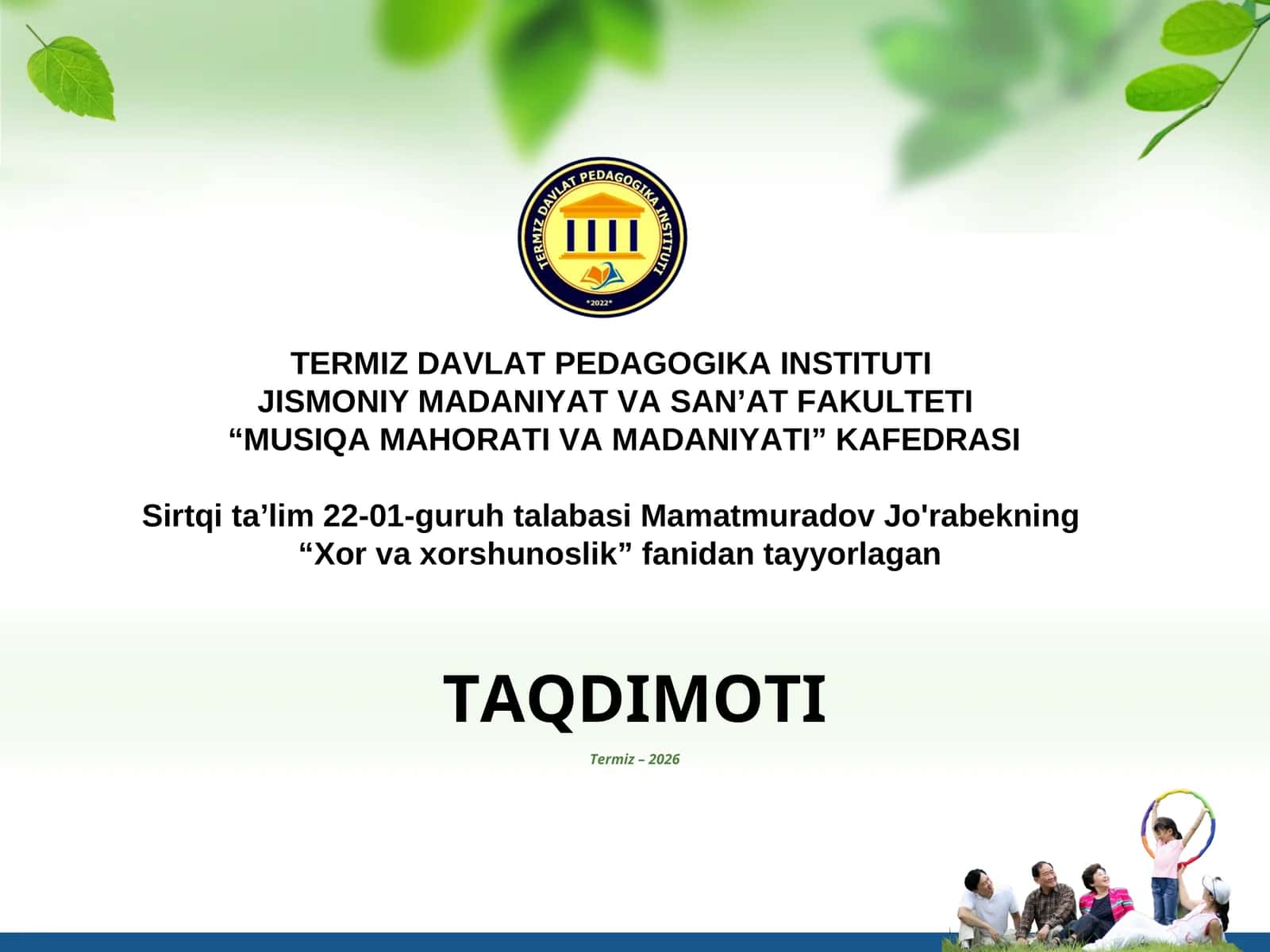 Xor repertuarini tanlash mezonlari - yosh, tayyorgarlik, janr va uslub - TAQDIMOT