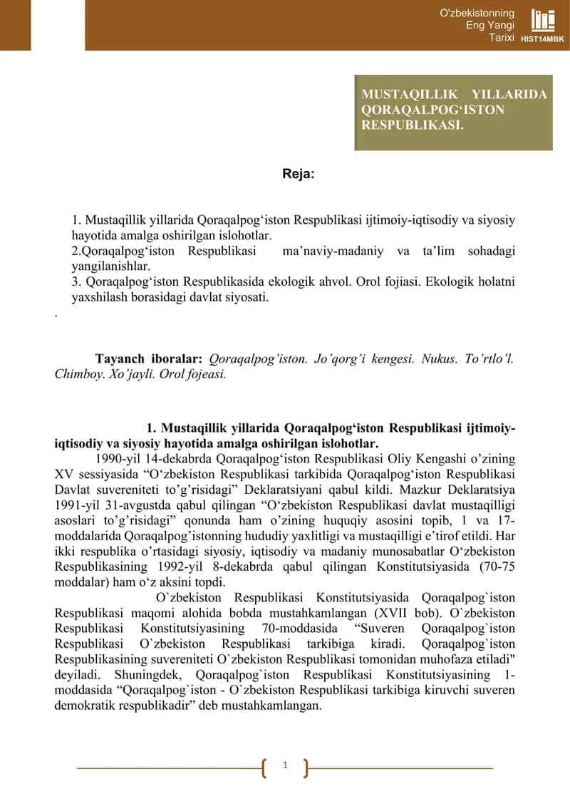 MUSTAQILLIK YILLARIDA QORAQALPOG‘ISTON RESPUBLIKASI