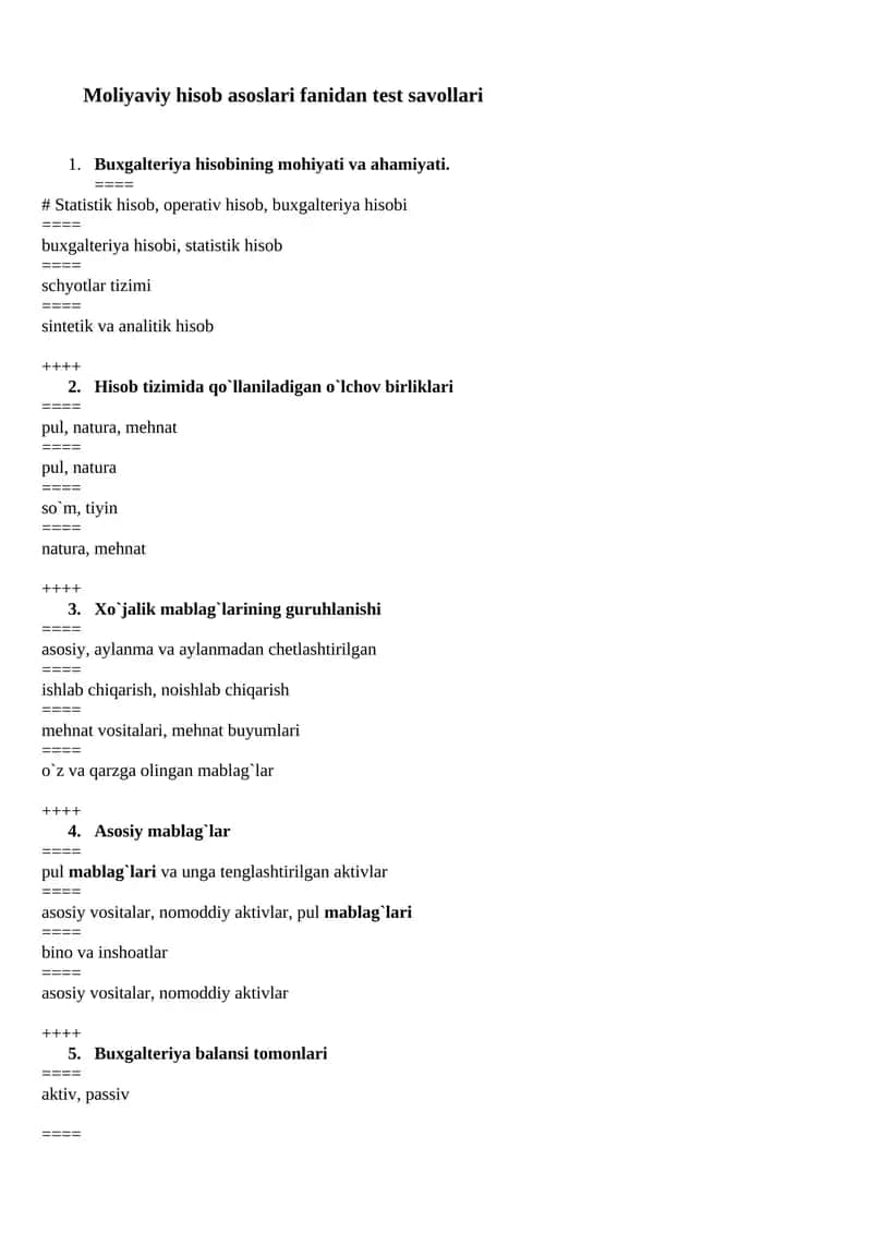 Moliyaviy hisob asoslari fanidan test savollari