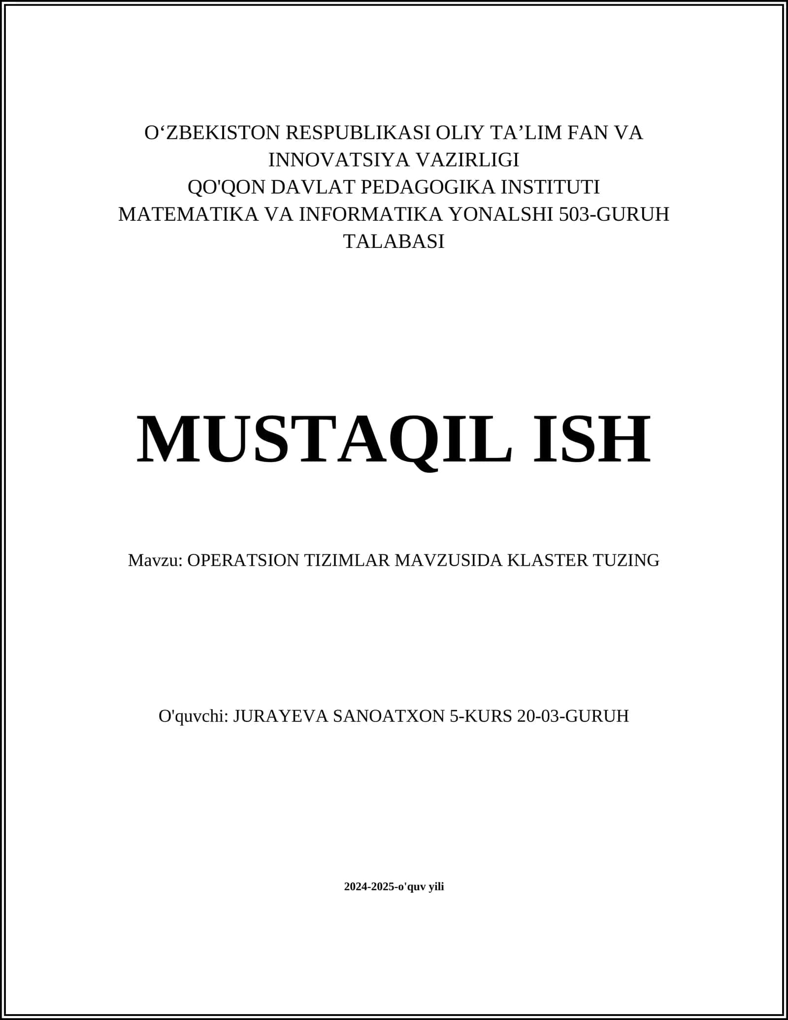 OPERATSION TIZIMLAR MAVZUSIDA KLASTER TUZING