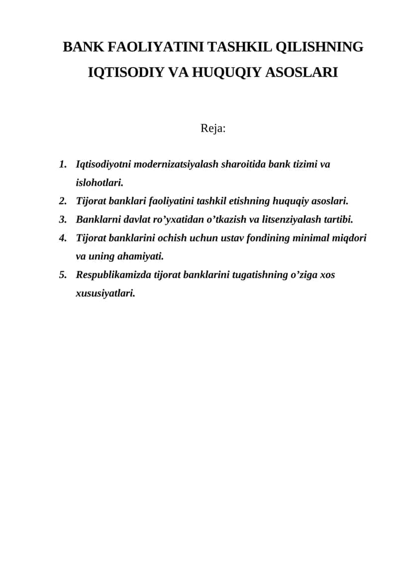Iqtisodiyotni modernizatsiyalash sharoitida bank tizimi va islohotlari