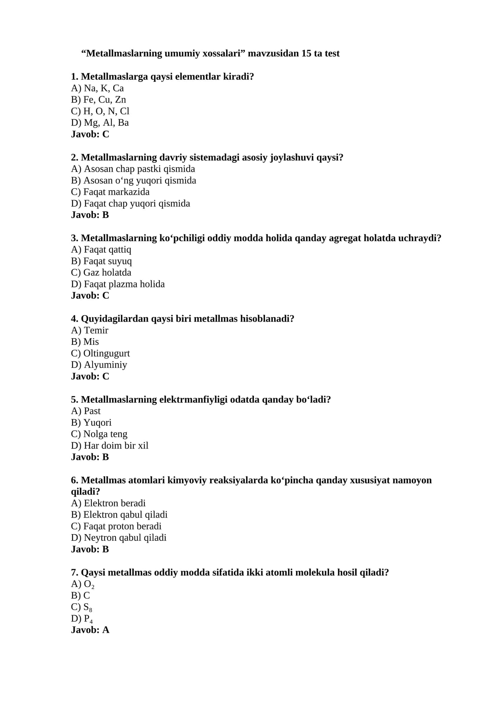 Metallmaslarning umumiy xossalari