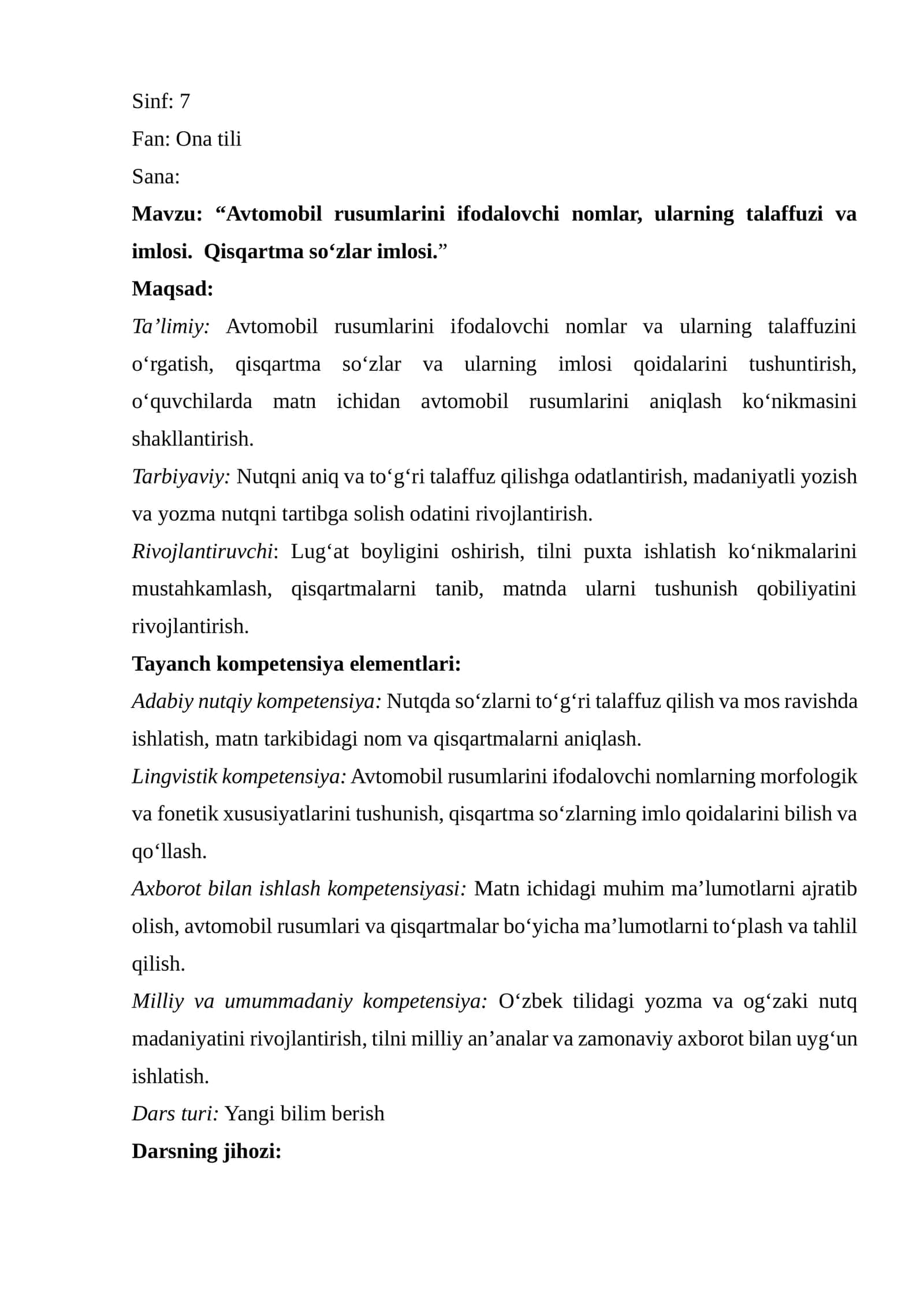 “Avtomobil rusumlarini ifodalovchi nomlar, ularning talaffuzi va imlosi. Qisqartma soʻzlar imlosi.”