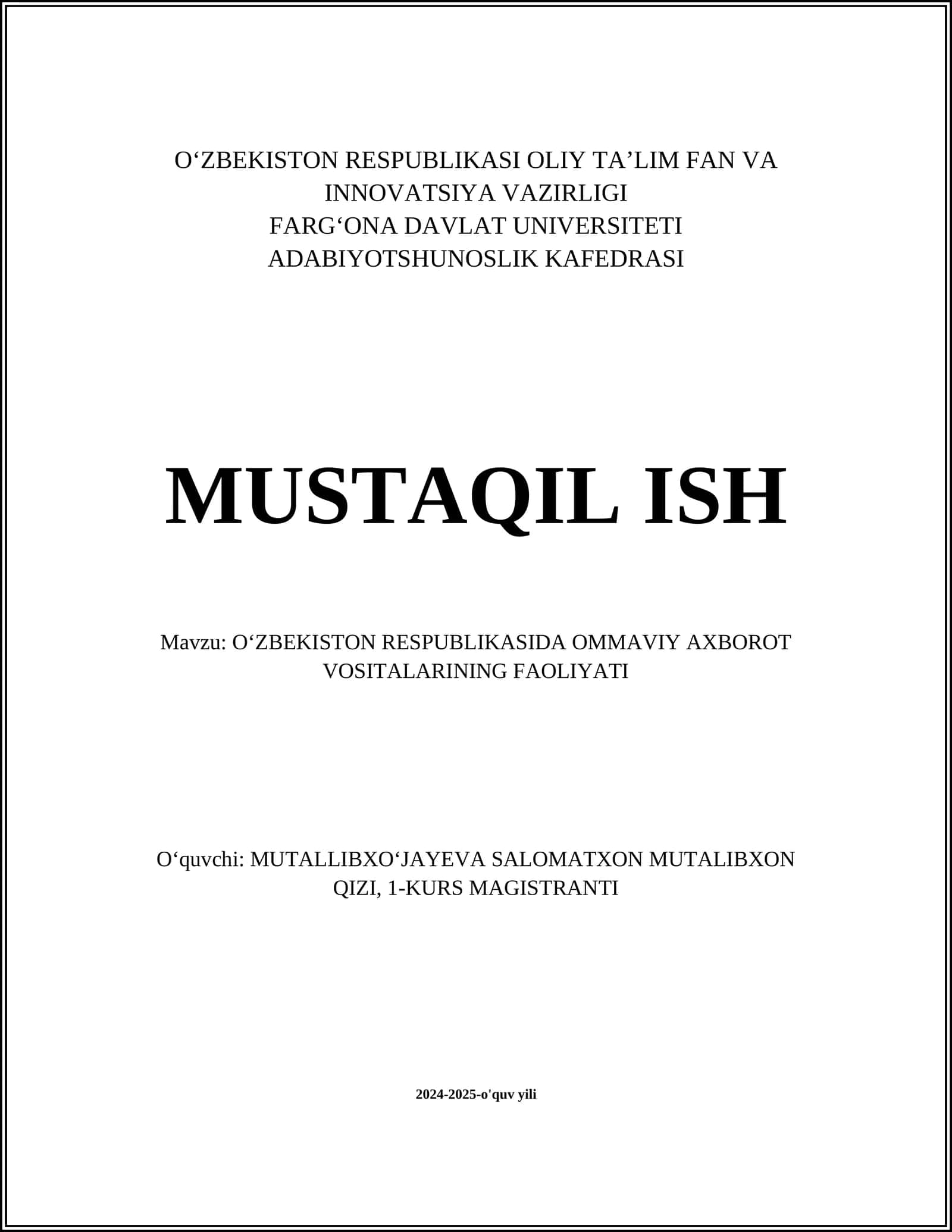 O‘zbekiston Respublikasida Ommaviy Axbarot Vositalarining Faoliyati