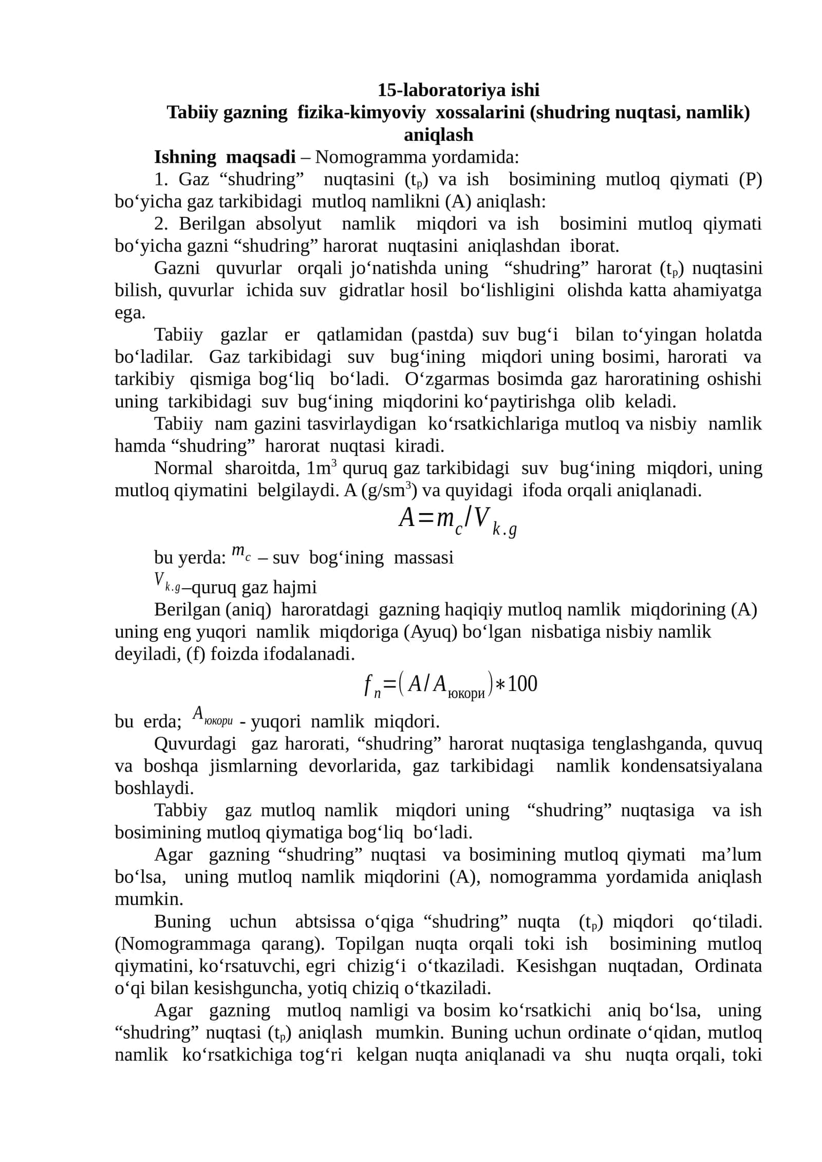 Aniqlash nomogramma yordamida gazning fizika-kimyoviy xossalarini, shudring nuqtasi va namlikni aniq