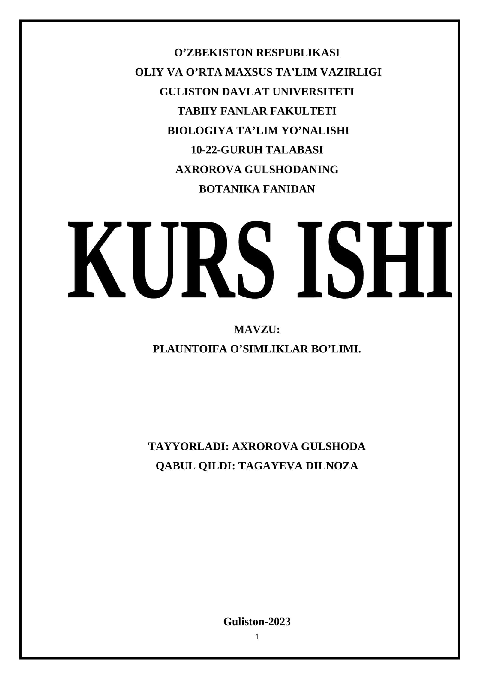 Plauntoifa O’simliklar Bo’limi Kurs Ishi