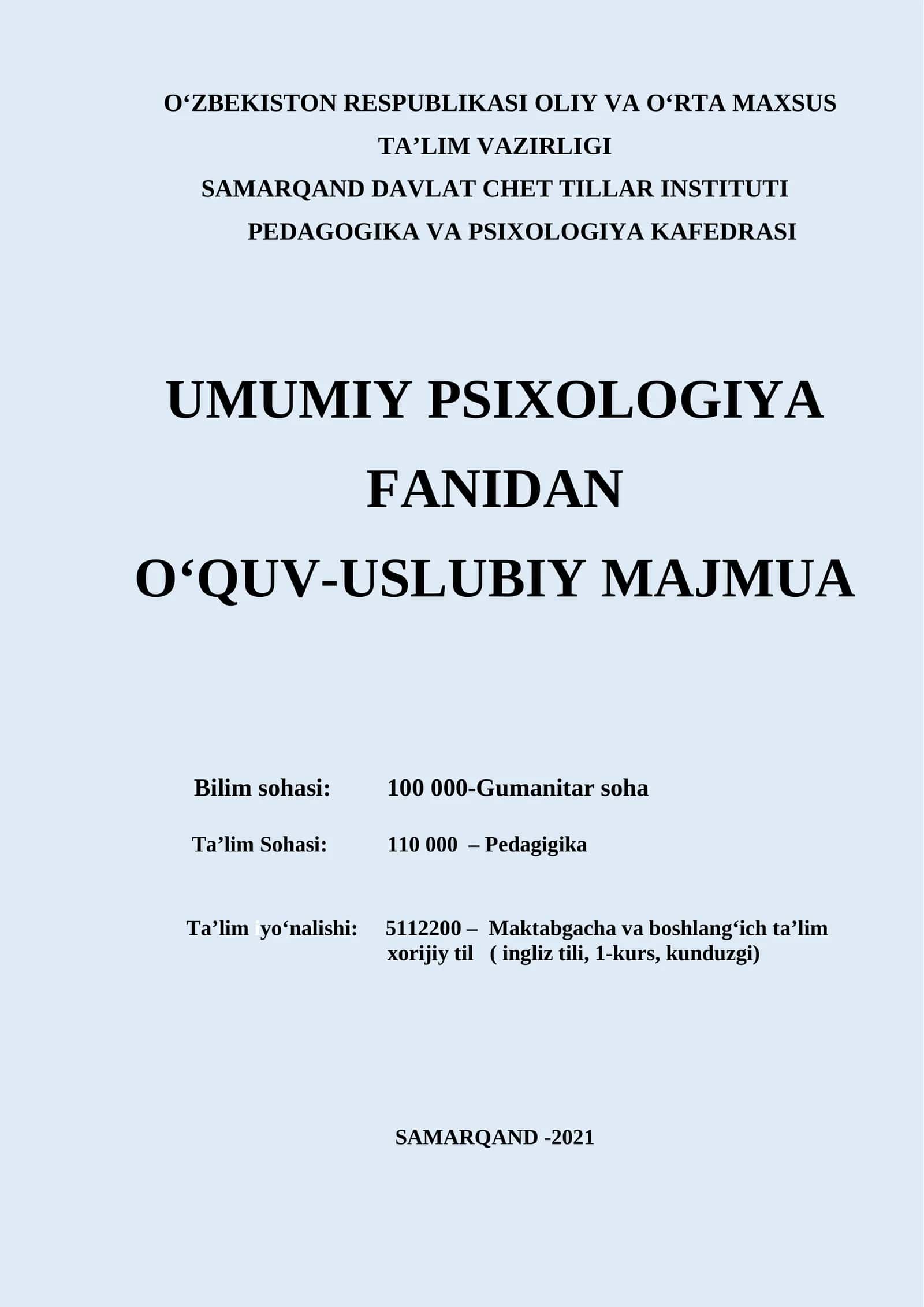 Umumiy psixologiya o'quv-uslubiy majmua