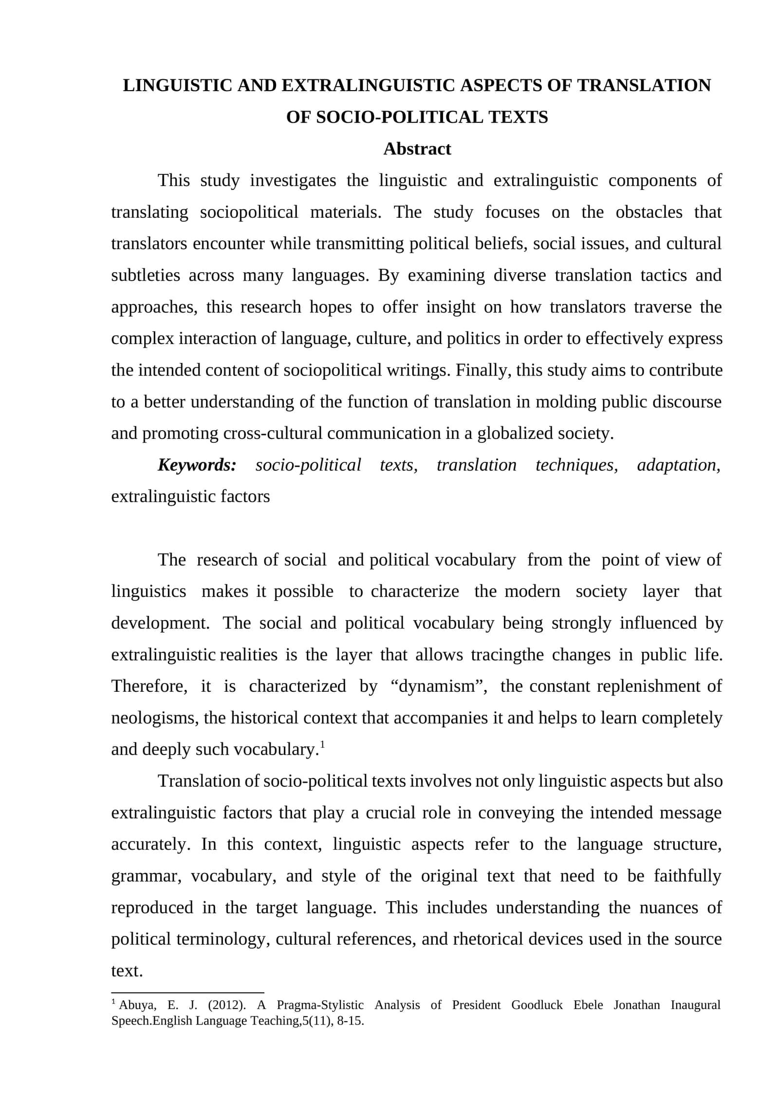LINGUISTIC AND EXTRALINGUISTIC ASPECTS OF TRANSLATION OF SOCIO-POLITICAL TEXTS