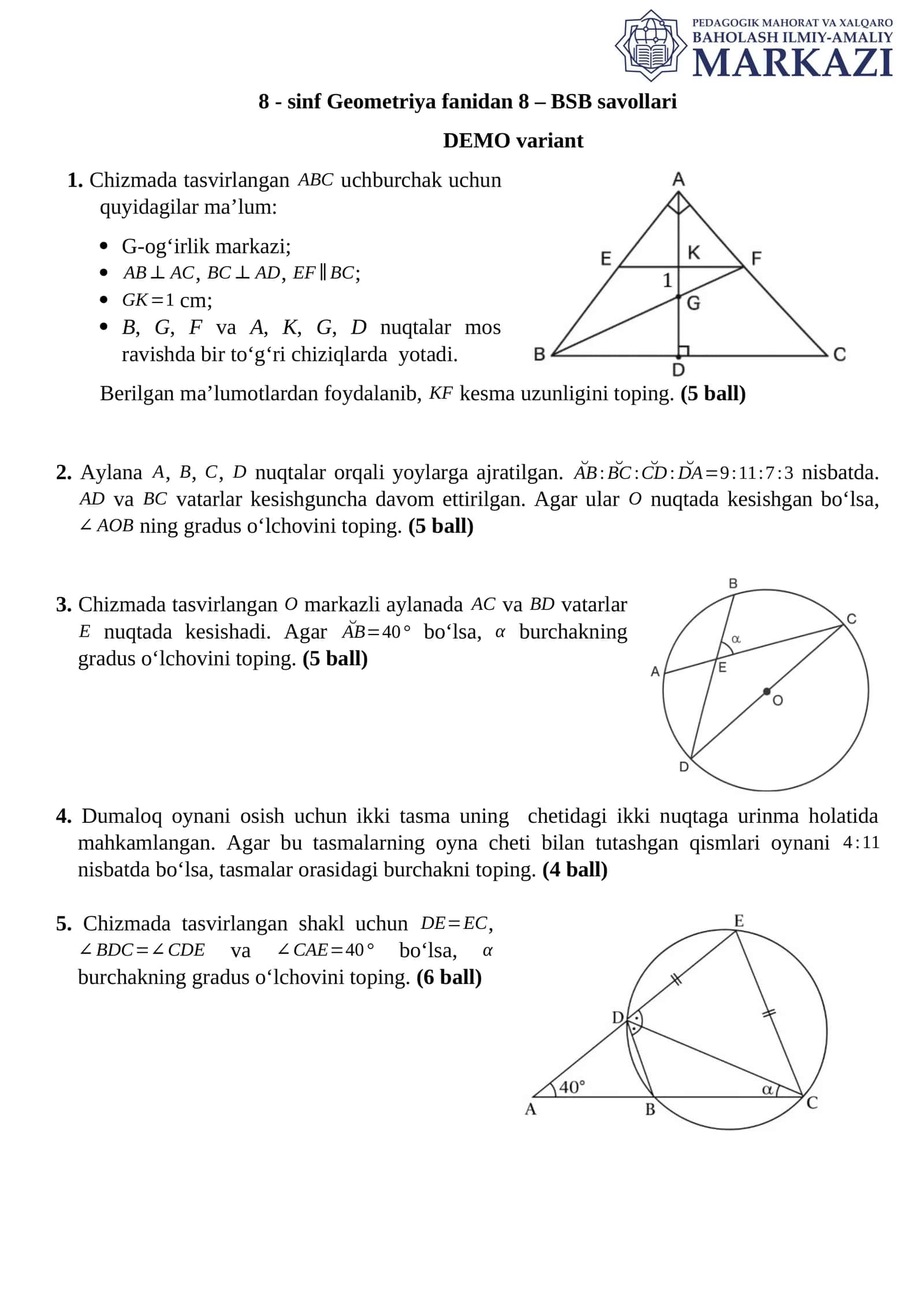 8 - sinf Geometriya fanidan 8 – BSB savollari