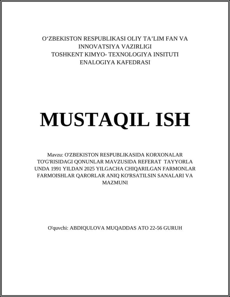 Korxonalar to'g'risidagi qonunchilik tarixi