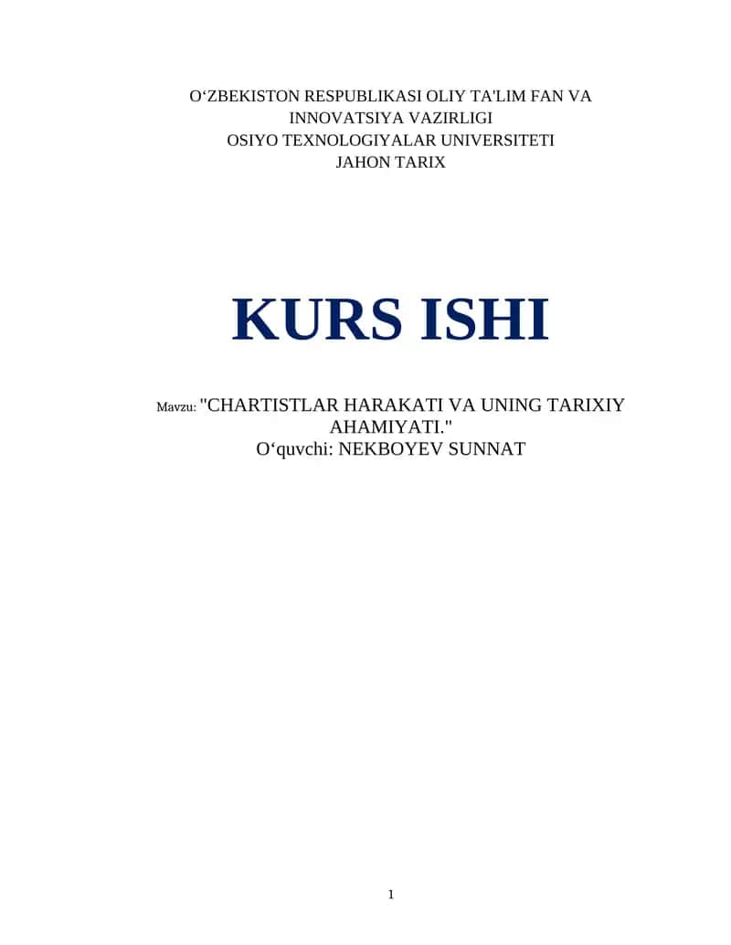 "CHARTISTLAR HARAKATI VA UNING TARIXIY AHAMIYATI."