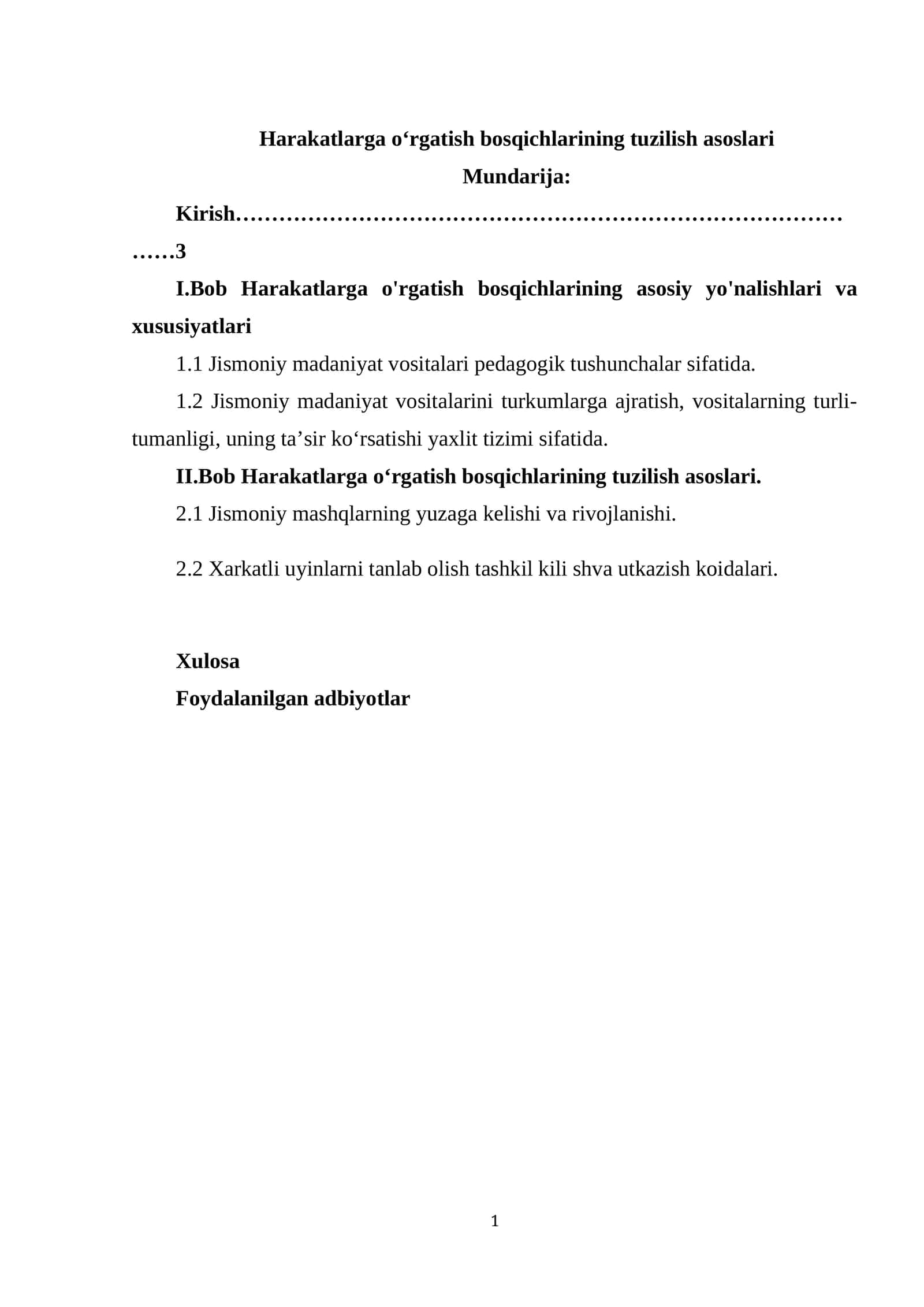 Harakatlarga o'rgatish bosqichlarining tuzilish asoslari