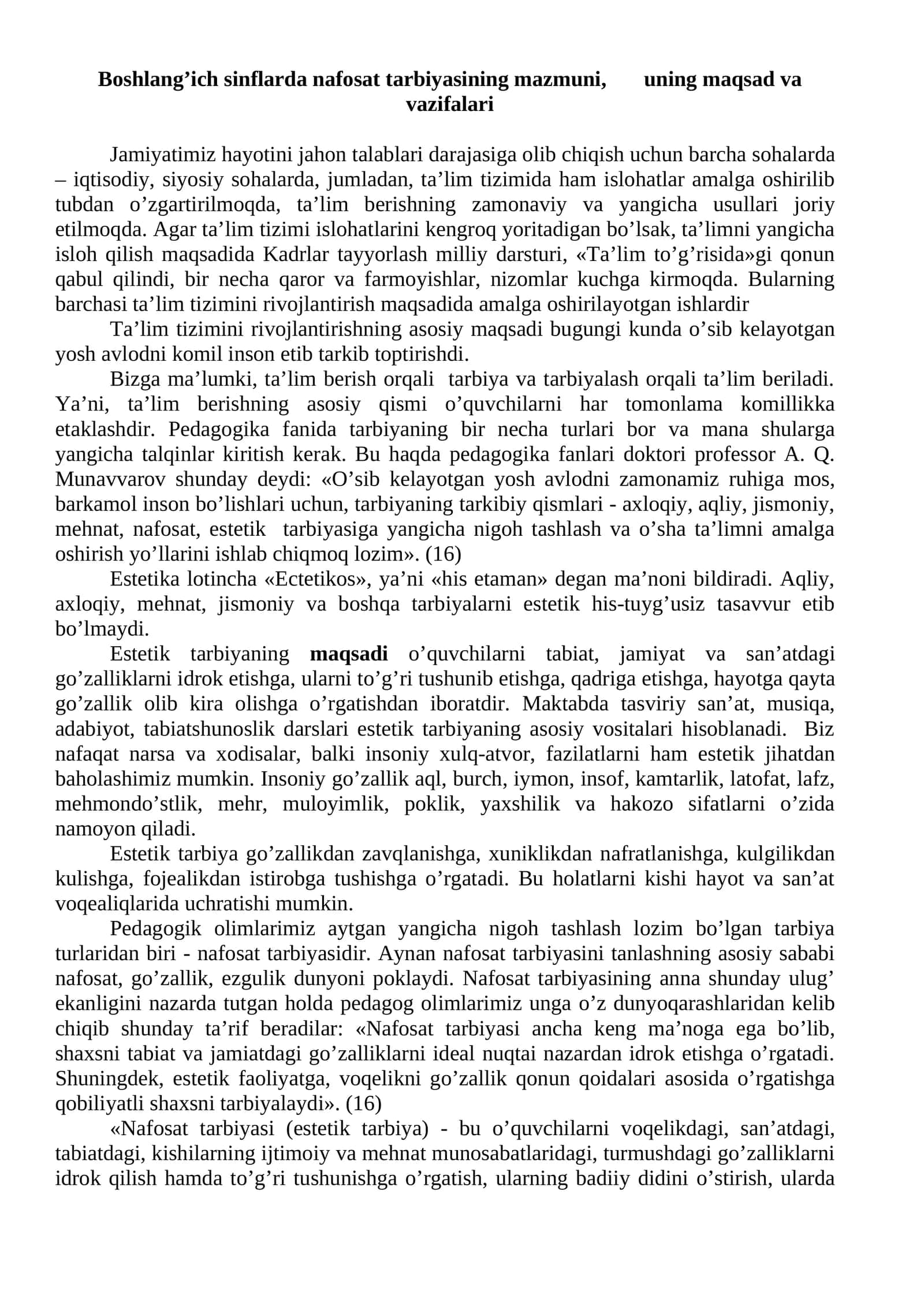Boshlang’ich sinflarda nafosat tarbiyasining mazmuni, uning maqsad va vazifalari