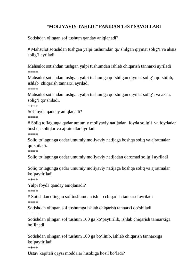 “MOLIYAVIY TAHLIL” FANIDAN TEST SAVOLLARI