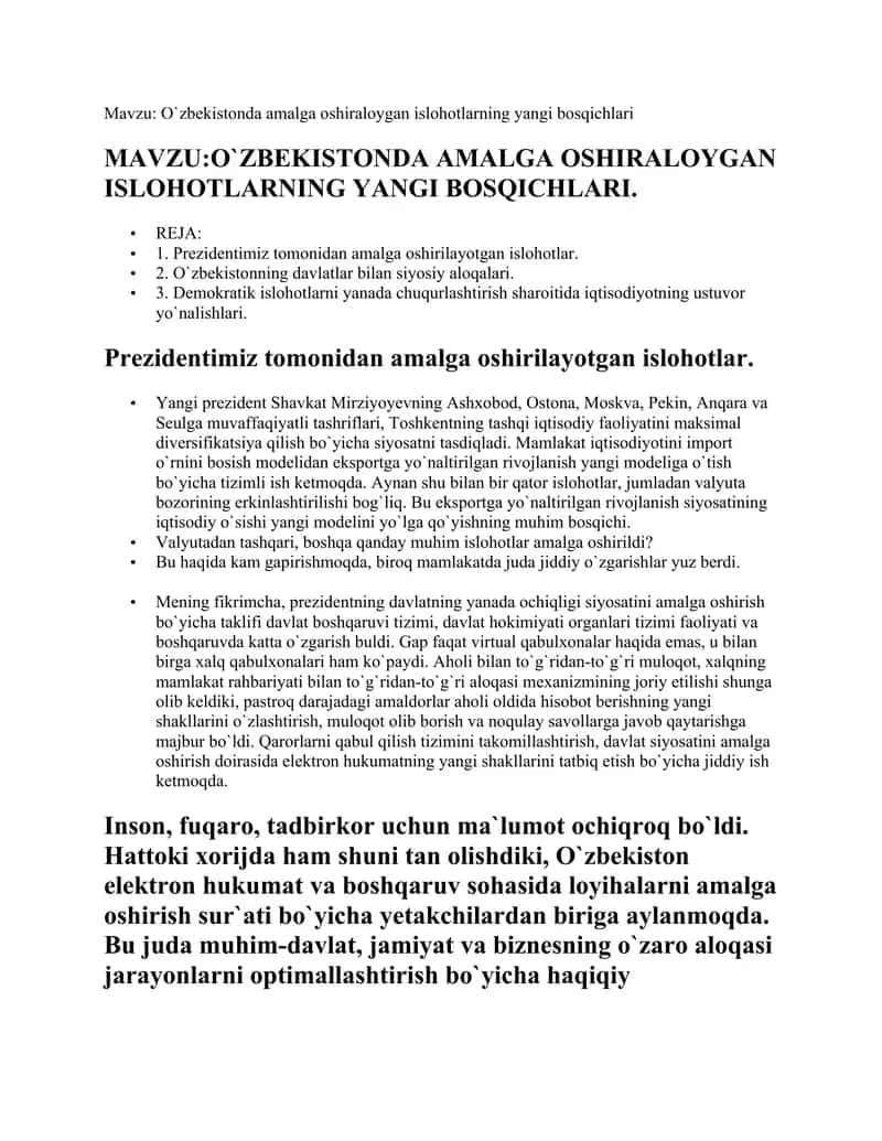 O`zbekistonda amalga oshiraloygan islohotlarning yangi bosqichlari