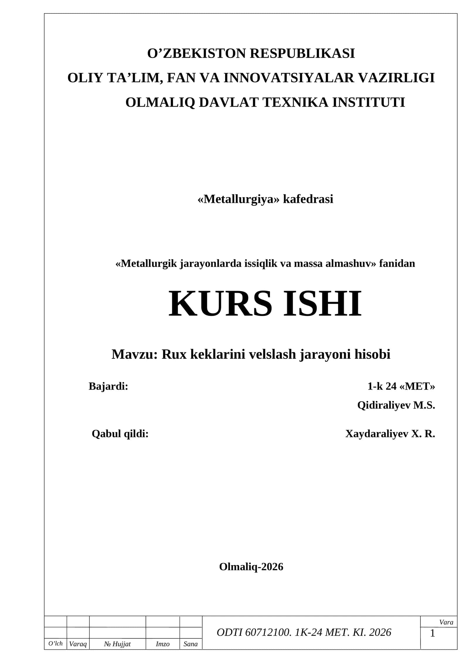 Rux keklarini velslash jarayoni hisobi