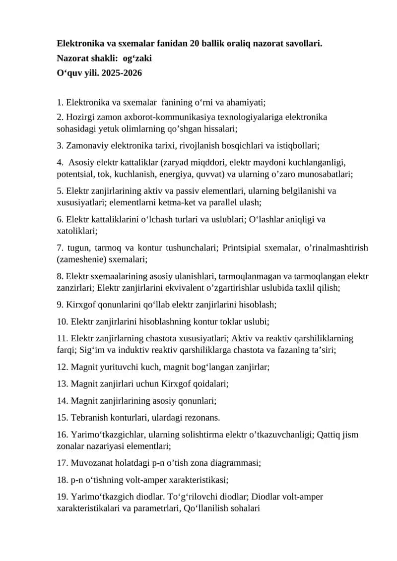 Elektronika va sxemalar Fanidan 20 Ballik Oraliq nazorat Savollari