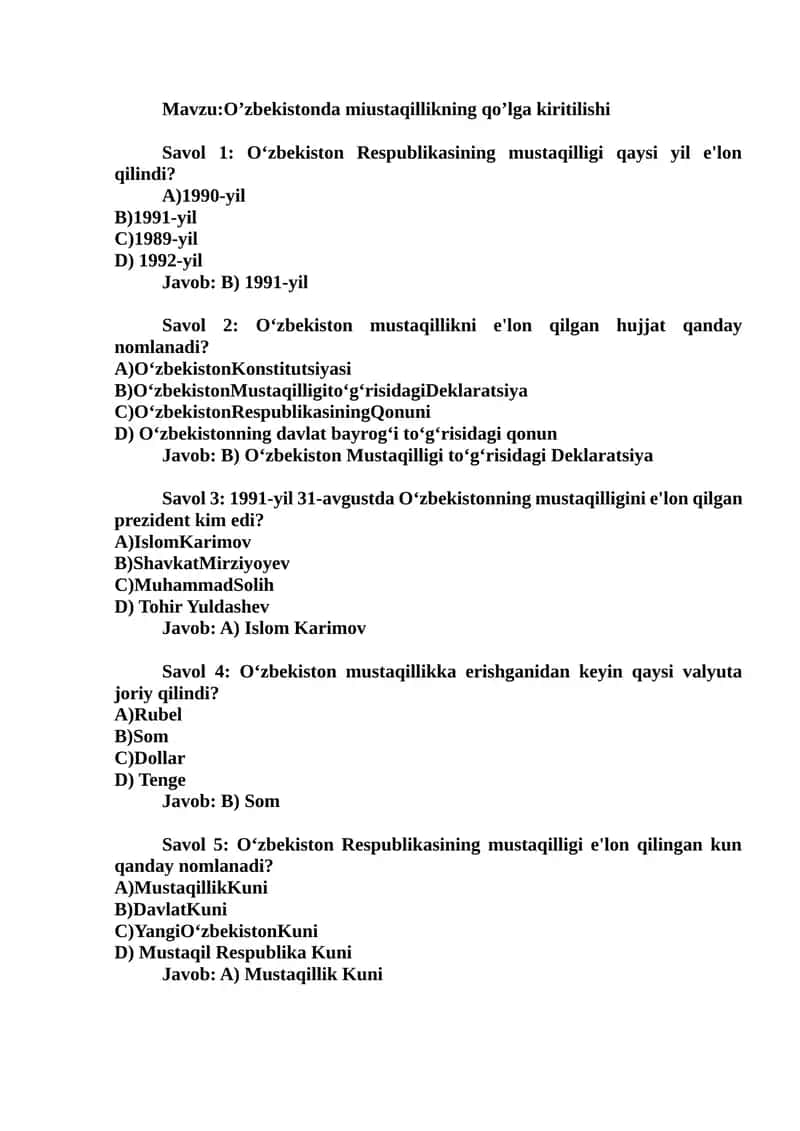 O‘zbekistonda miustaqillikning qo’lga kiritilishi