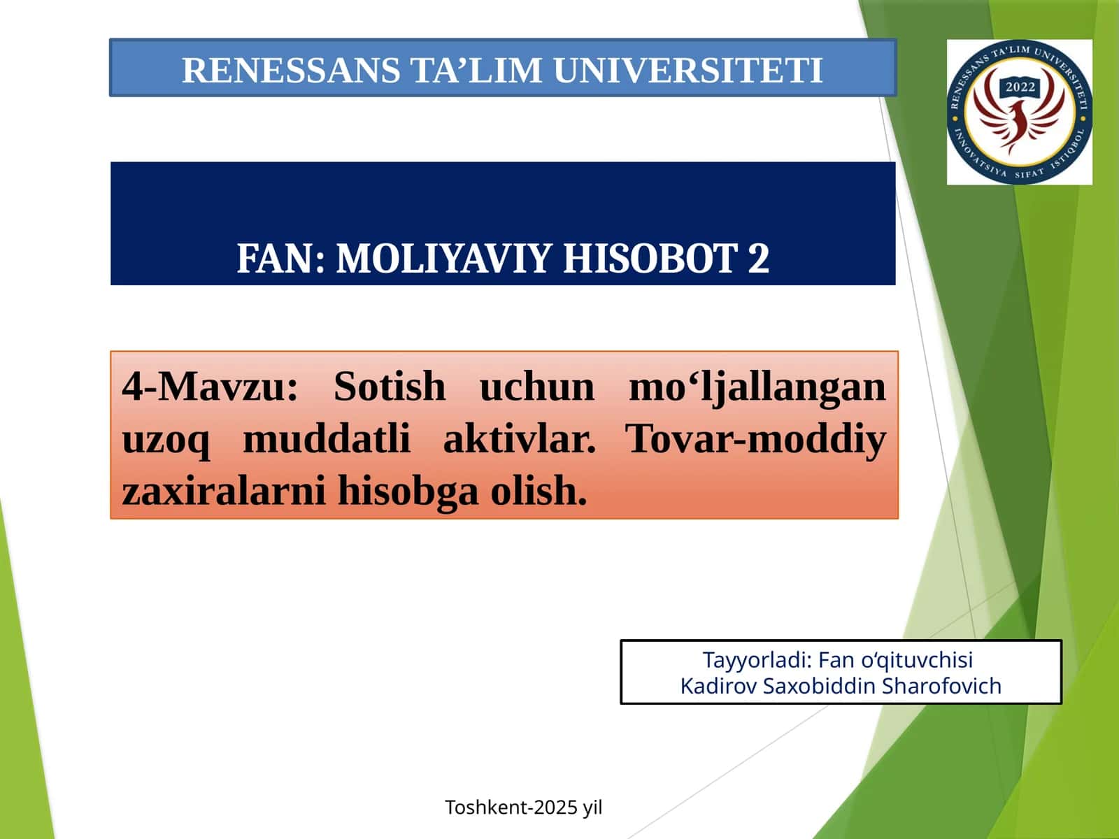 Sotish uchun mo‘ljallangan uzoq muddatli aktivlar. Tovar-moddiy zaxiralarni hisobga olish