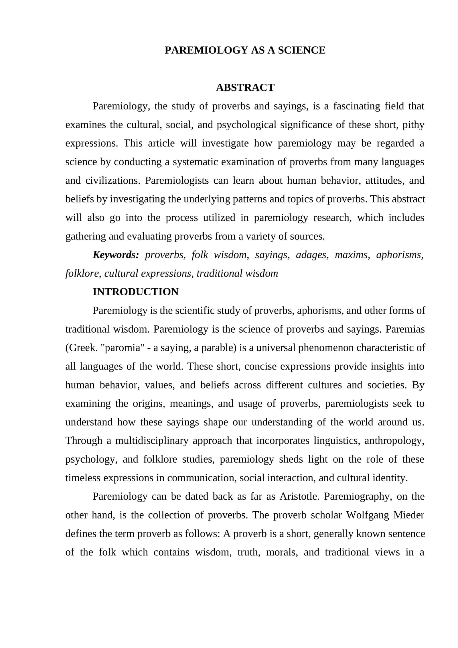 PAREMIOLOGY AS A SCIENCE