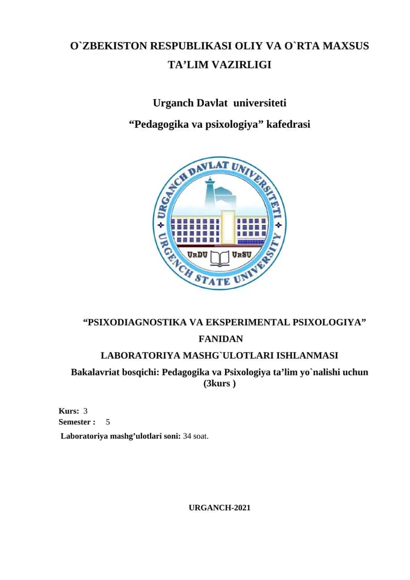 Psixodiagnostika va ekspremental pedagogika Laboratoriya Mashg'ulotlari Ishlanmasi
