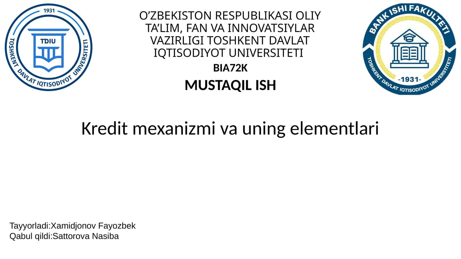 Kredit mexanizmi va uning elementlari