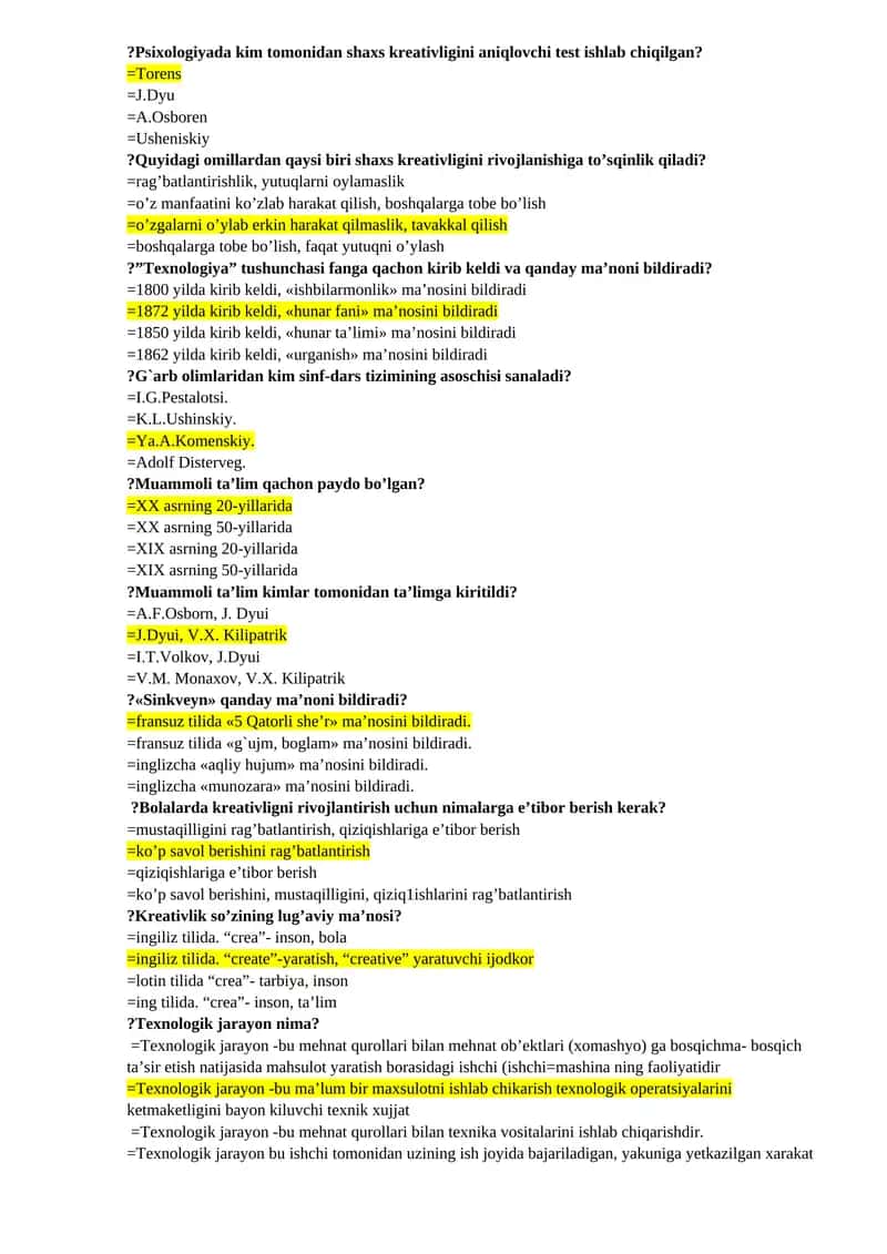 Psixologiya fanidan testlar to'plami