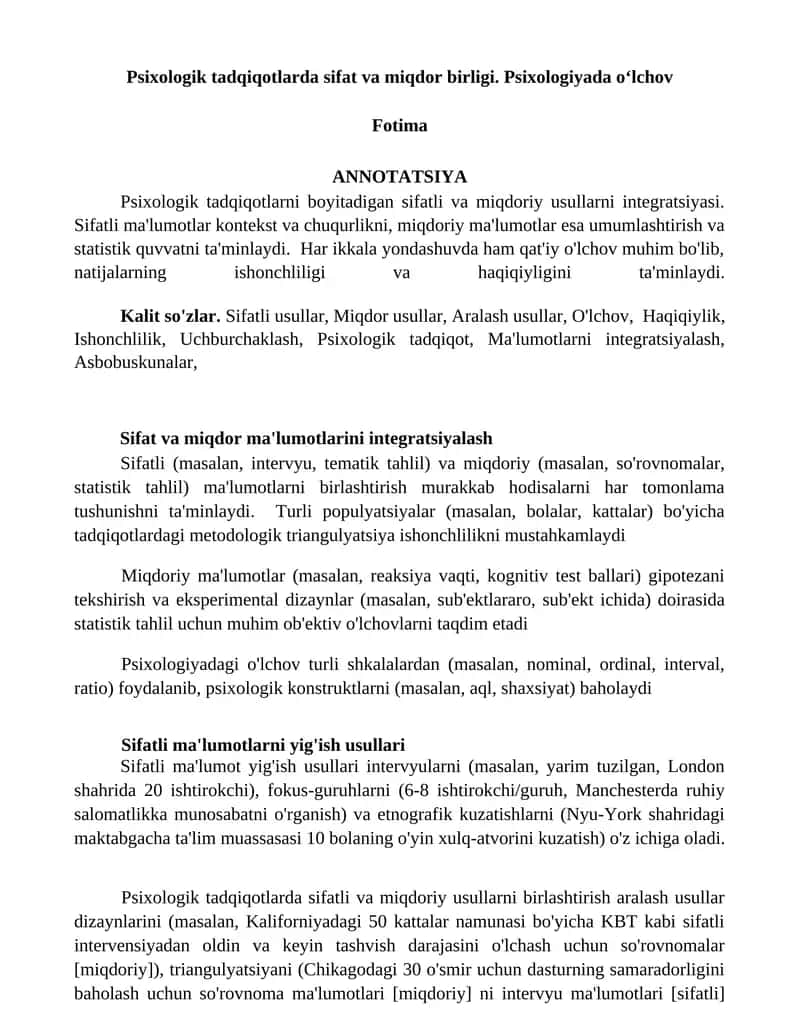 Psixologik tadqiqotlarda sifat va miqdor birligi