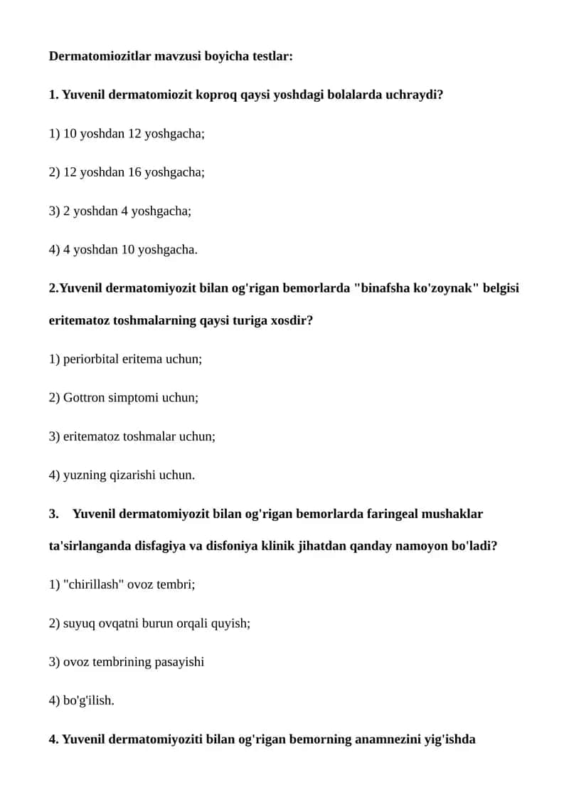 Dermatomiozitlar mavzusi boyicha testlar