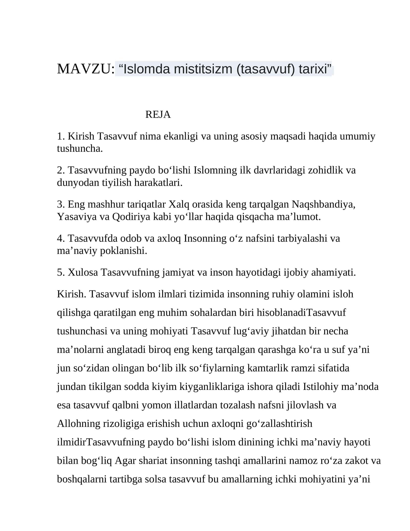 Islomda mistitsizm (tasavvuf) tarixi