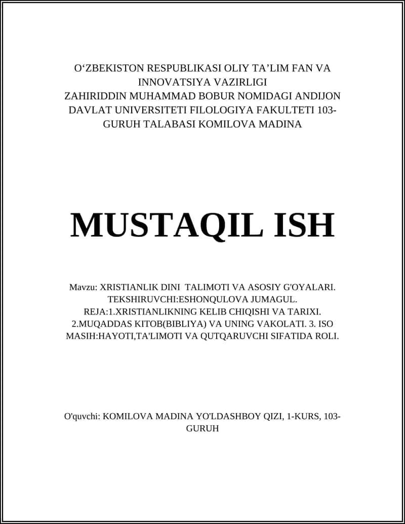 XRISTIANLIK DINI TALIMOTI VA ASOSIY G'OYALARI