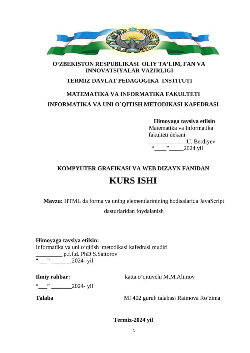 HTML da forma va uning elementlarinining hodisalarida JavaScript dasturlaridan foydalanish