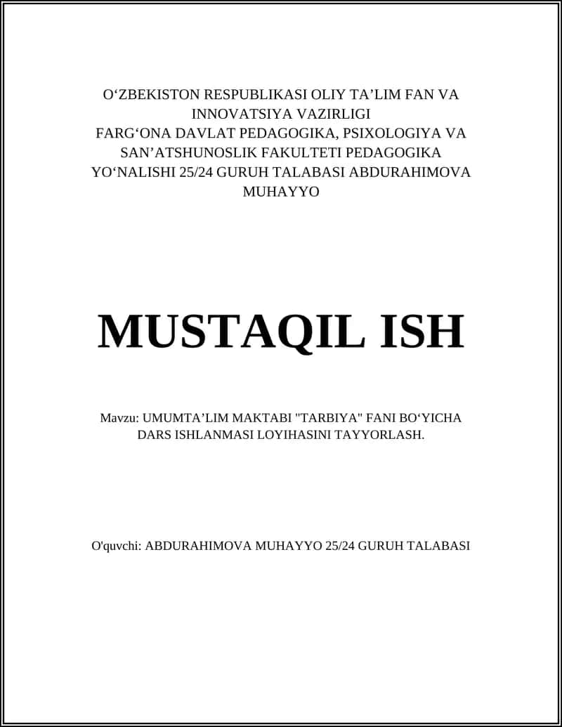 UMUMTAʼLIM MAKTABI "TARBIYA" FANI BOʻYICHA DARS ISHLANMASI LOYIHASINI TAYYORLASH
