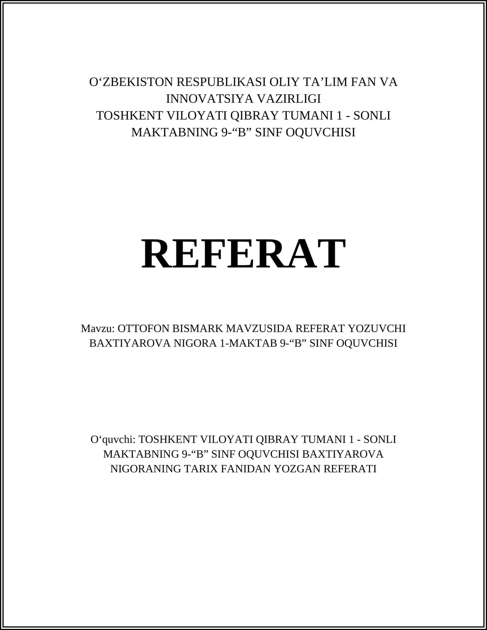 OTTOFON BISMARK MAVZUSIDA REFERAT