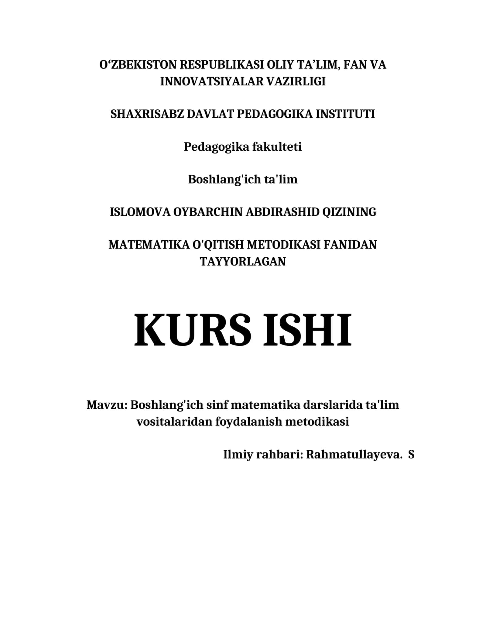 Boshlang'ich sinf matematika darslarida ta'lim vositalaridan foydalanish metodikasi
