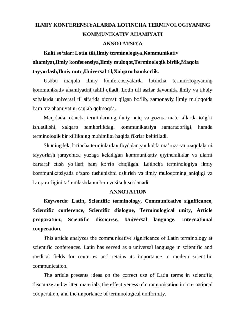 ILMIY KONFERENSIYALARDA LOTINCHA TERMINOLOGIYANING KOMMUNIKATIV AHAMIYATI
