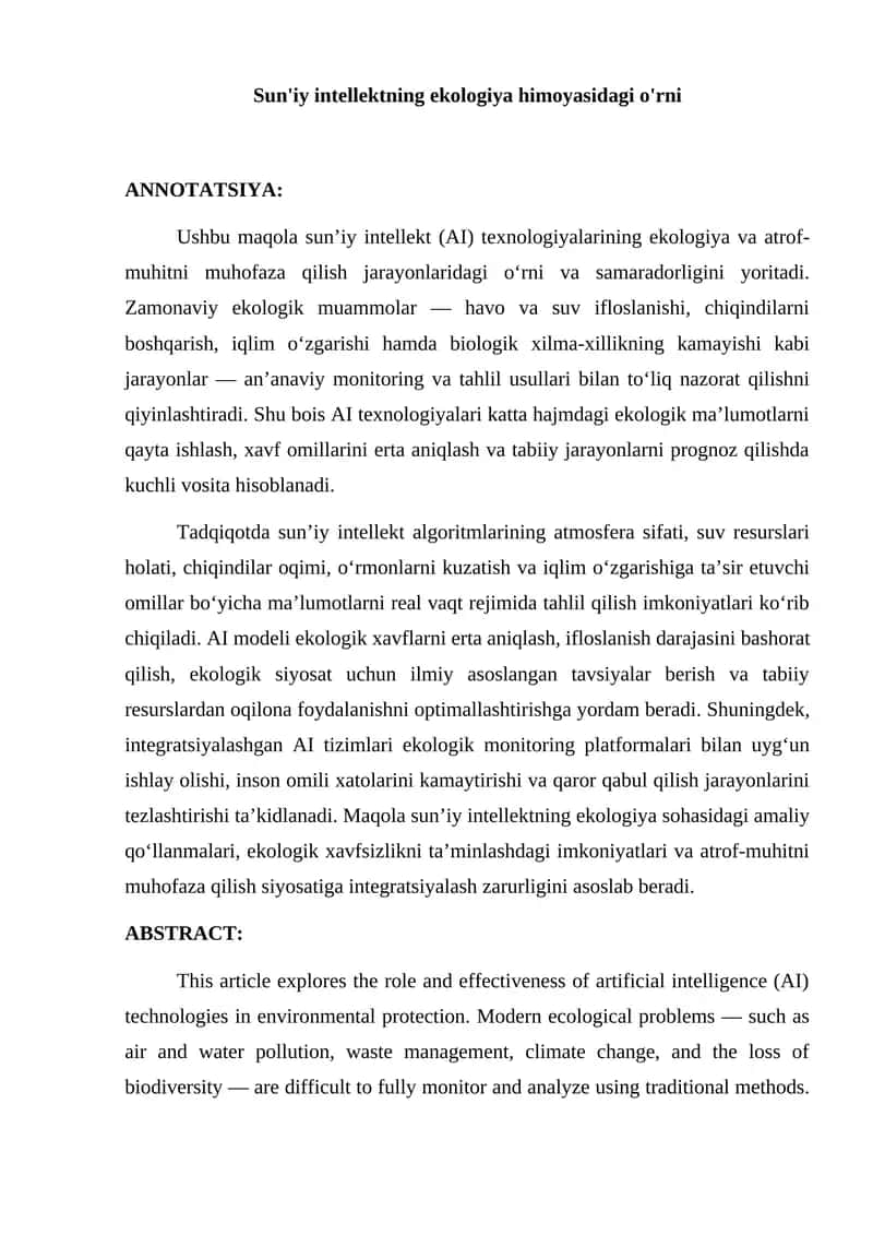 Sun'iy intellektning ekologiya himoyasidagi o'rni