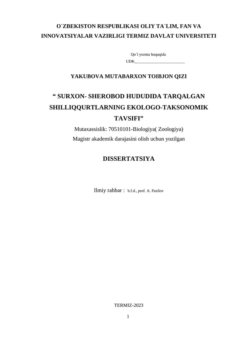 SURXON- SHEROBOD HUDUDIDA TARQALGAN SHILLIQQURTLARNING EKOLOGO-TAKSONOMIK TAVSIFI