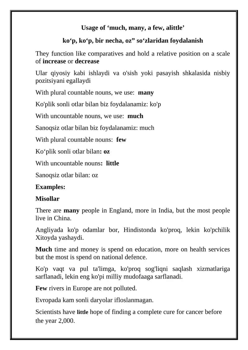 Usage of ‘much, many, a few, alittle’