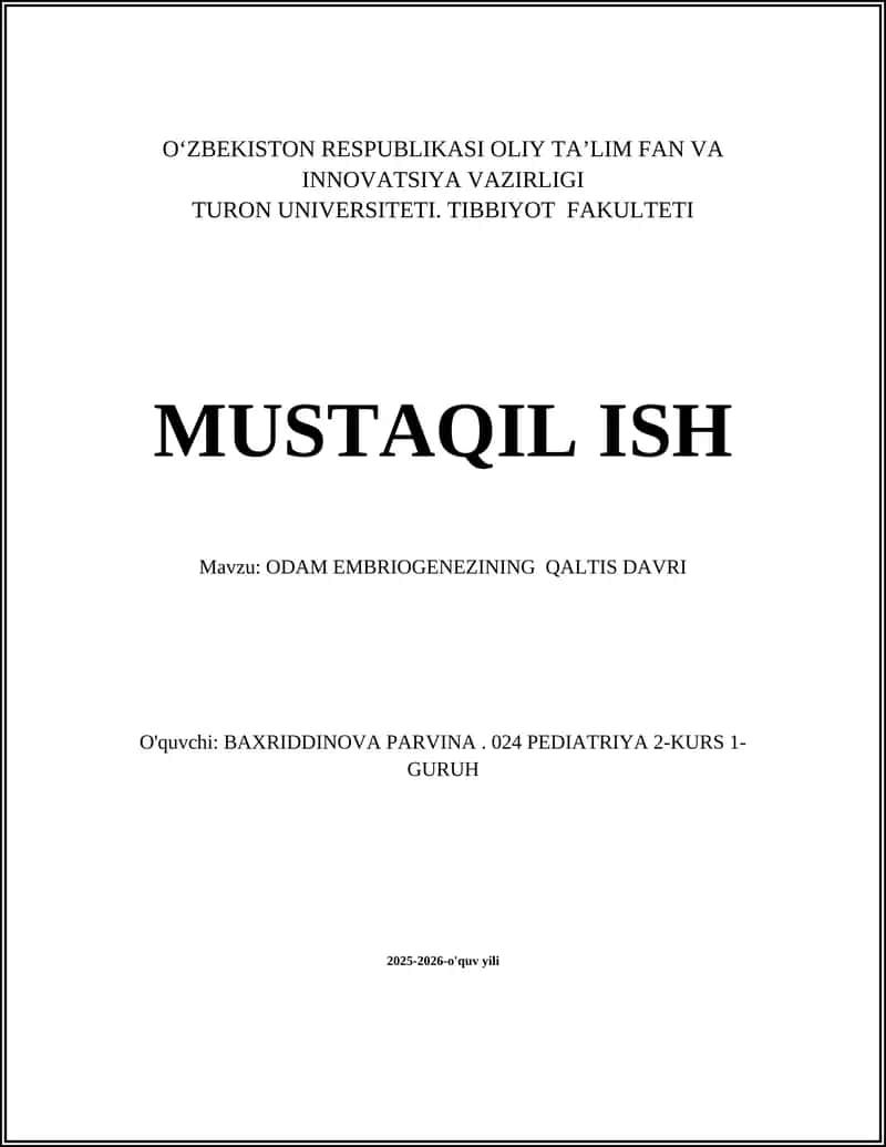 ODAM EMBRIOGENEZINING QALTIS DAVRI