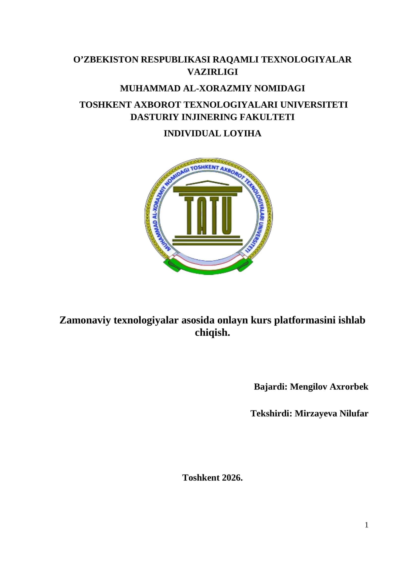 Online kurs platformasini ishlab chiqish